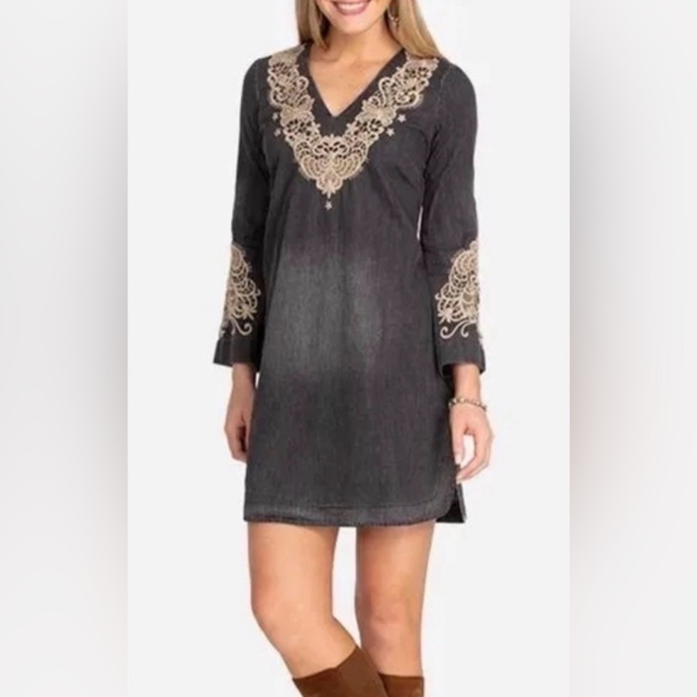 Johhny Was Neema Tunic Dress Black Gray Embroidered Lace 3/4 Sleeve Distressed L